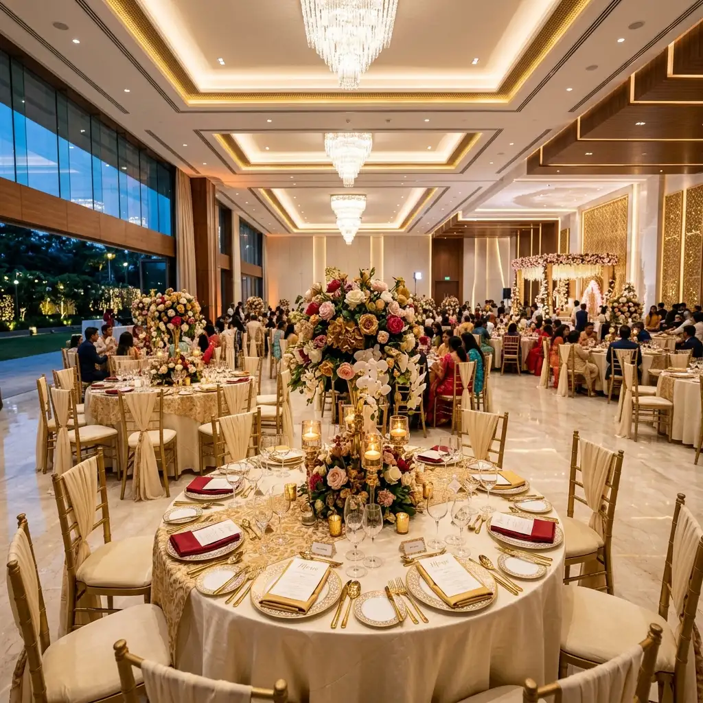 Spacious dining hall at Sorna Mahal